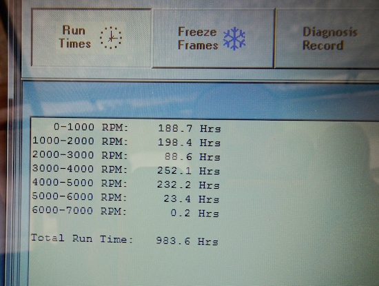 The computer tells you the number of total hours, as well as the number of hours in each RPM range.